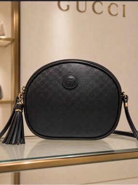 AUTHENTIC GUCCI BLACK MICRO GG OVAL CROSSBODY BAG GOLD HARDWARE-TASSEL